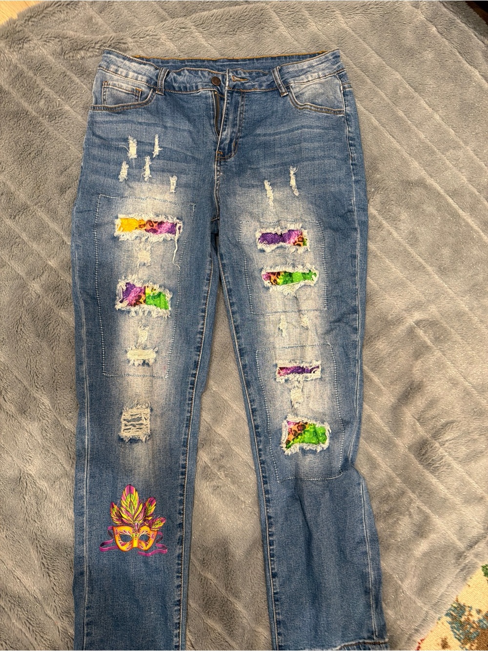 Skinny Blue Distressed Jeans with Colorful Patch Accents
